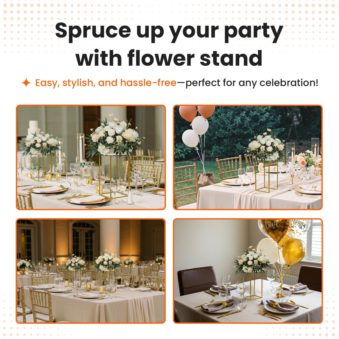 YALLOVE 10 Pcs 15.75" Gold Wedding Flower Stand Metal Vase Column Stand Geometric Centerpiece Vase for Home Party Wedding Decorations, Rectangular Flower Display Rack