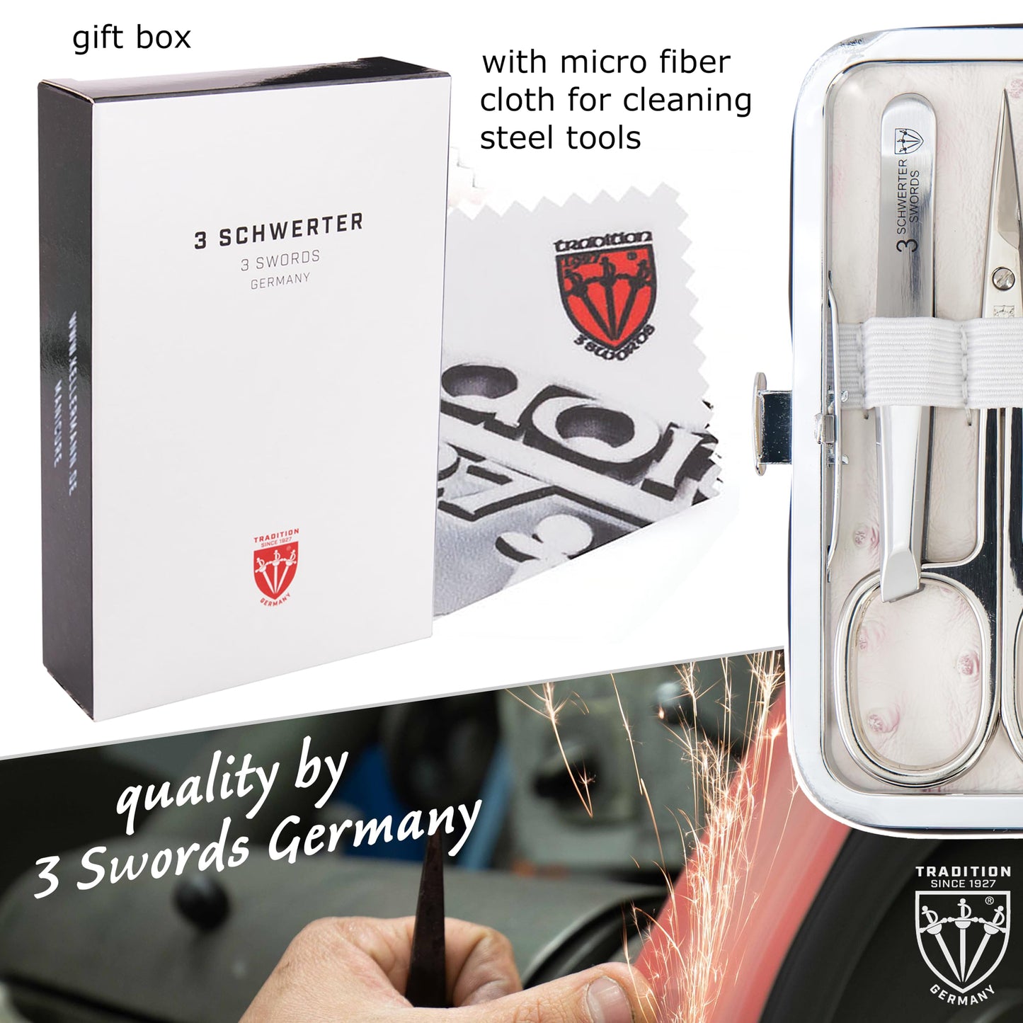 3 Swords Germany - Brand Quality 6 piece Manicure Pedicure Grooming kit Set - Scissors, Metal and Glass Nail File, Clipper, Tweezers with Synthetic Leather case - Ostrich