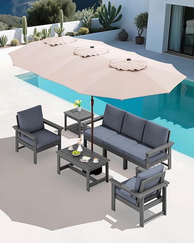 SERWALL HDPE Patio Furniture Set with 15FT Double Side Patio Umbrella, 7-piece Outdoor Modular Sectional Sofa Set, All Weather Patio Couch Set for Deck, Gray & Gray Cushion(Umbreall Base not Included)