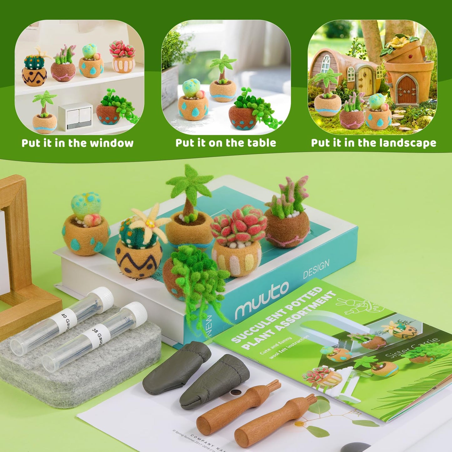 Yizzvb Needle Felting Kit, 6 Pcs Succulent Felting Kit for Beginner, Felting Kit, Needle Felting Tools Including Wool Roving, Foam Mat, Felting Needles and Instructions for DIY Felting Starters