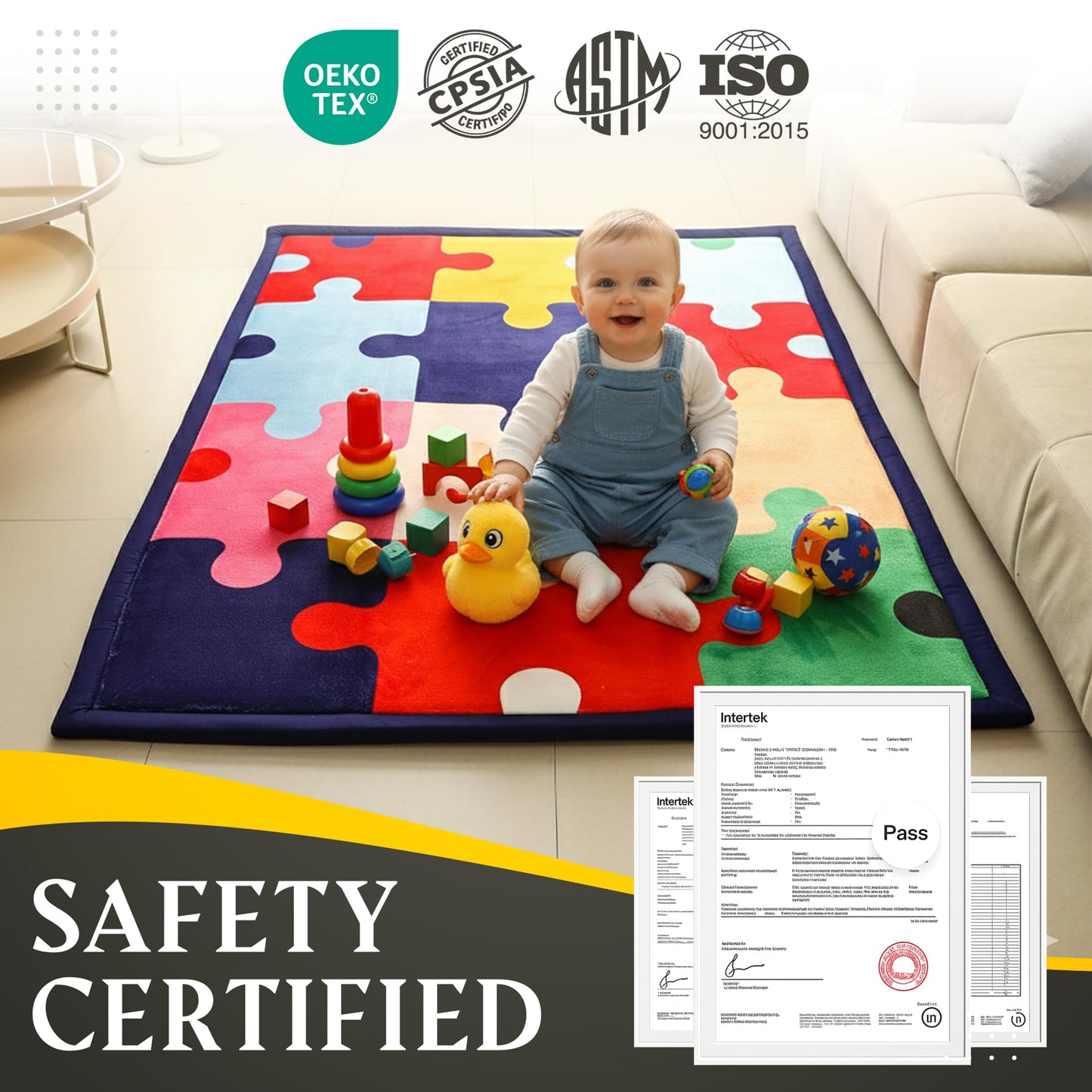 Halaluxe Baby Play Mat 60"x80" Extra Thick (1.4") | Memory Foam Crawl Mat for Infants & Toddlers | Non-Slip | Waterproof | Tummy Time | Puzzle Print Floor Rug