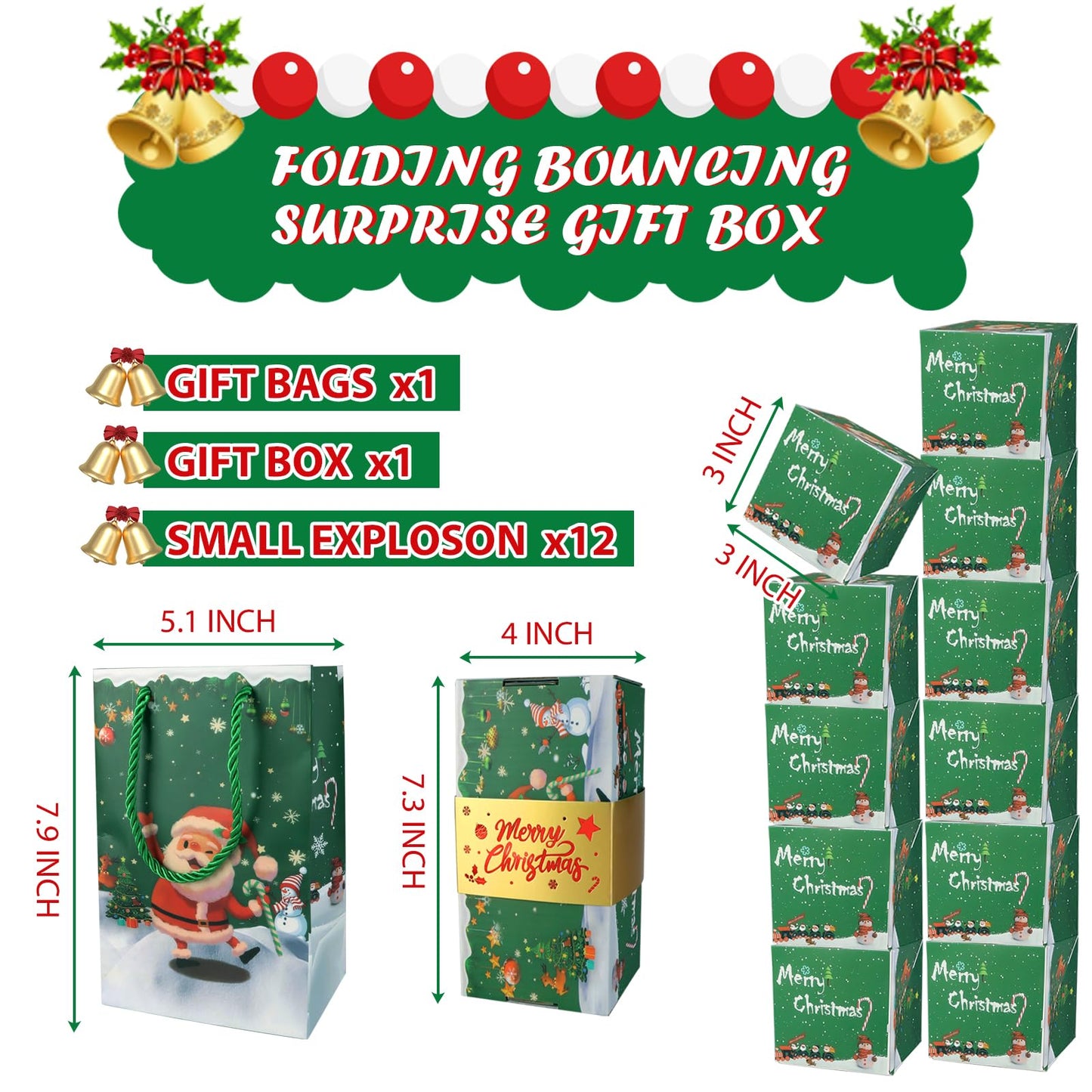 Surprise Gift Box Explosion for Money, Unique Folding Bouncing Red Envelope Gift Box with Confetti, Cash Explosion Luxury Box for Birthday Anniversary Valentine Proposal - Green Christmas