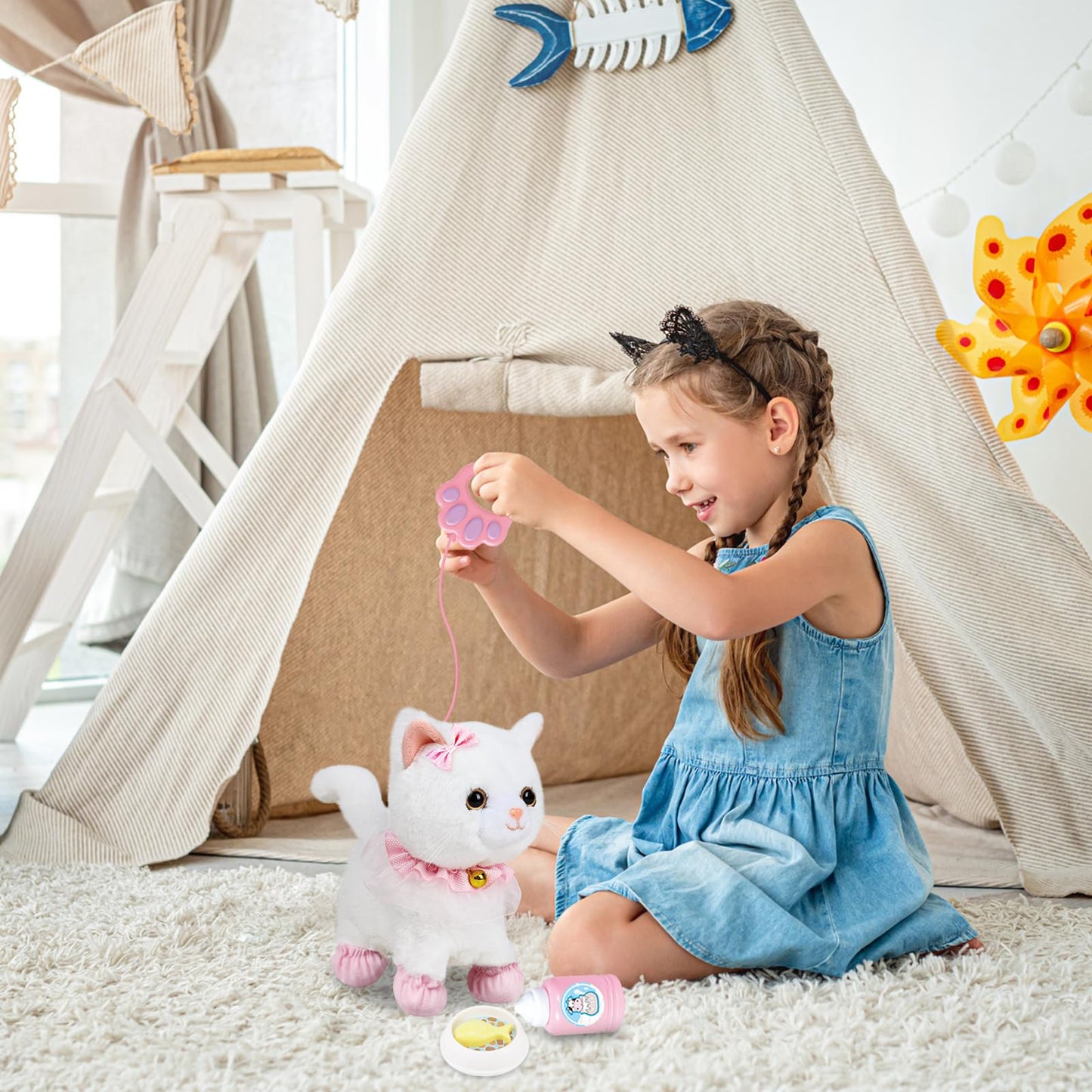 Jimate Interactive Electronic Plush Toy Walking and Barking Robot Cat Plush Cat Remote Control Kitten for Girls (White Cat)