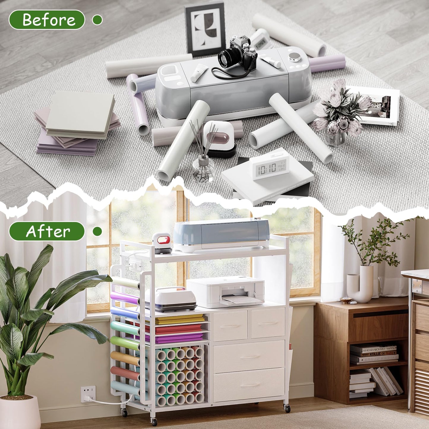 VENNQD Large Craft Organizer and Storage Rolling Cart Compatible with Cricut Machine with Fabric Drawers Vinyl Roll Holder Accessories for Home Craft Workstation Room (White)