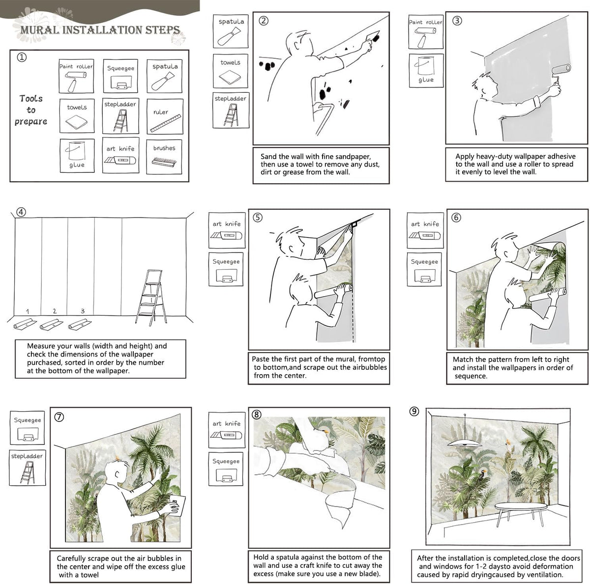 AFZEVEB-Green Forest Nursery Wallpaper Tropical Parrots Wall murals for Kids Room 136"x96" (Not Peel and Stick)