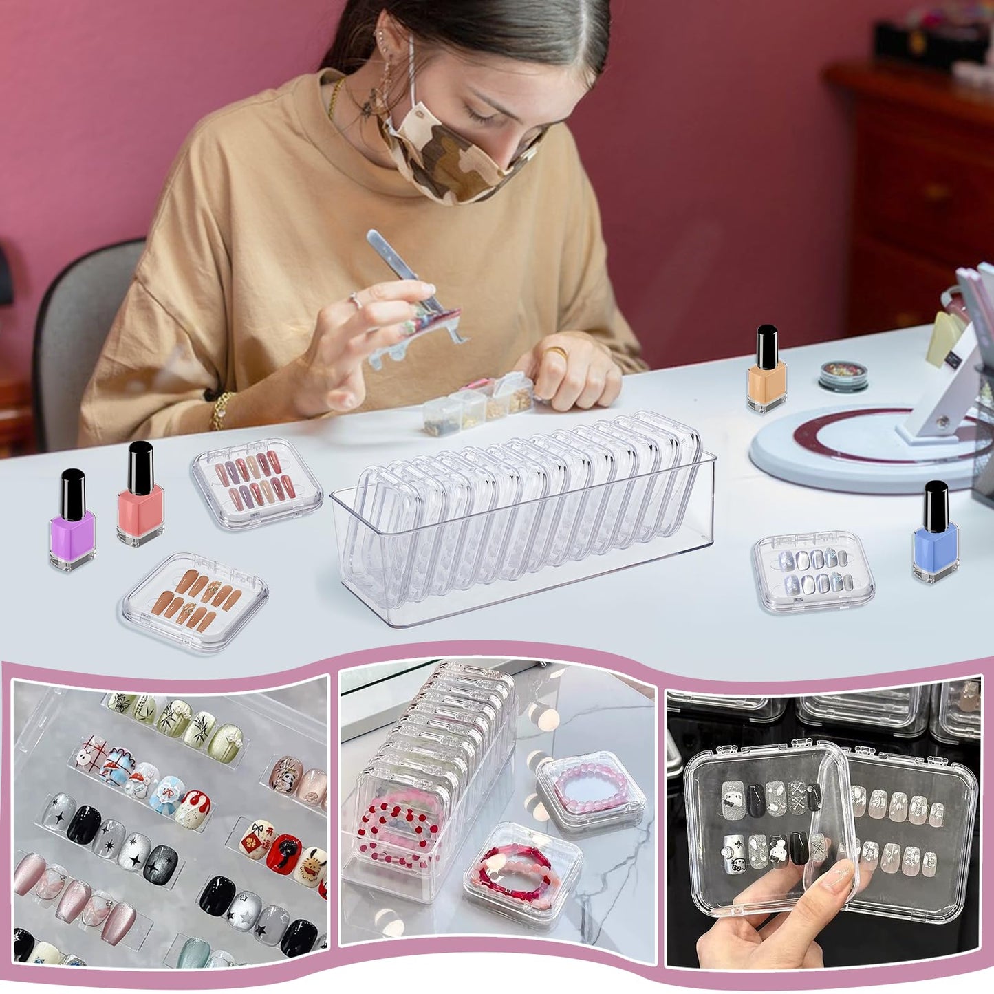 twinklemon 26PCS Press on Nail Storage Box with 2 Big Storage Boxes 60 Adhesive Double Sided Tape 100 Acrylic Nail Display Board Plastic Nail Display Box Fake Nail Case Clear Nail Packaging Boxes