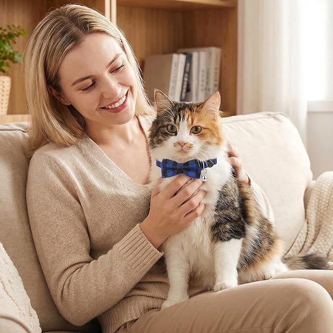 JJUNW 6Pcs Cats Bowtie Collar with Bell, Breakaway Cats Collars, Classic Plaid Kitten Cat Collars Adjustable Cat Bowtie Collar with Pendants for Quick Release for Small Pet