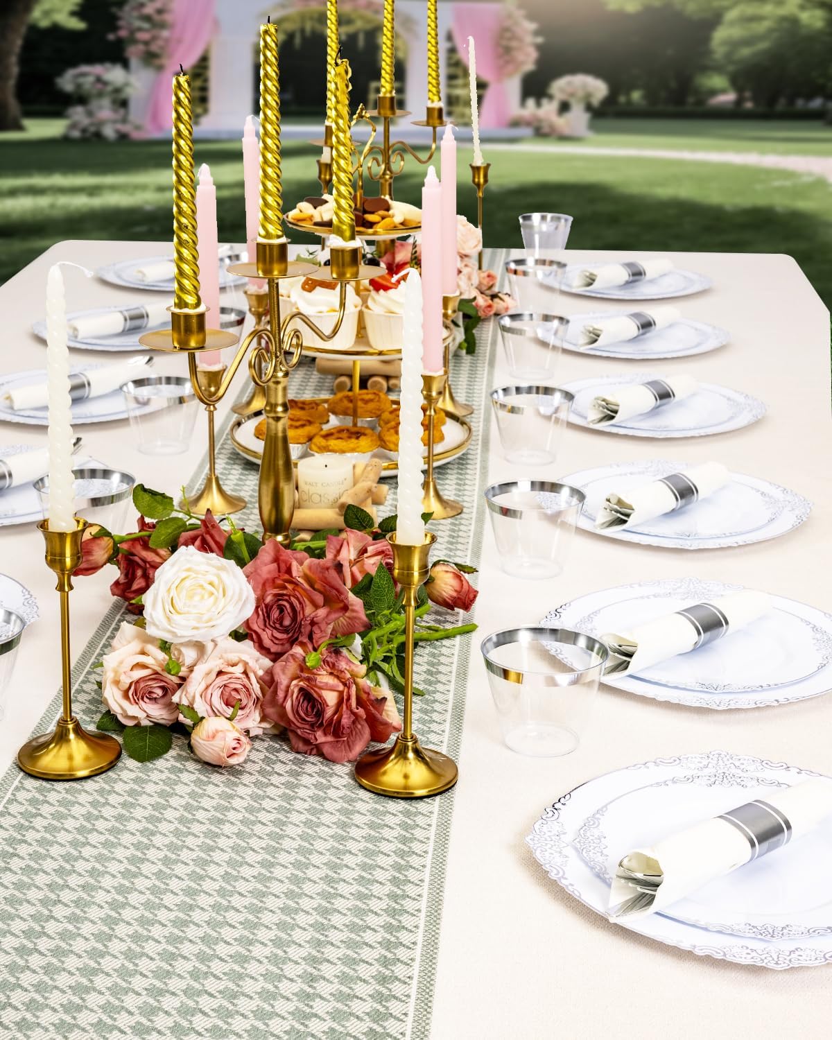 Goodluck 350 Piece Silver Plastic Dinnerware Set for 50 Guests, Fancy Disposable Plates, Include: 100 Silver Rim Plastic Plates, 150 Silverwares, 50 Pre Rolled Napkins, 50 Cups for Party, Wedding