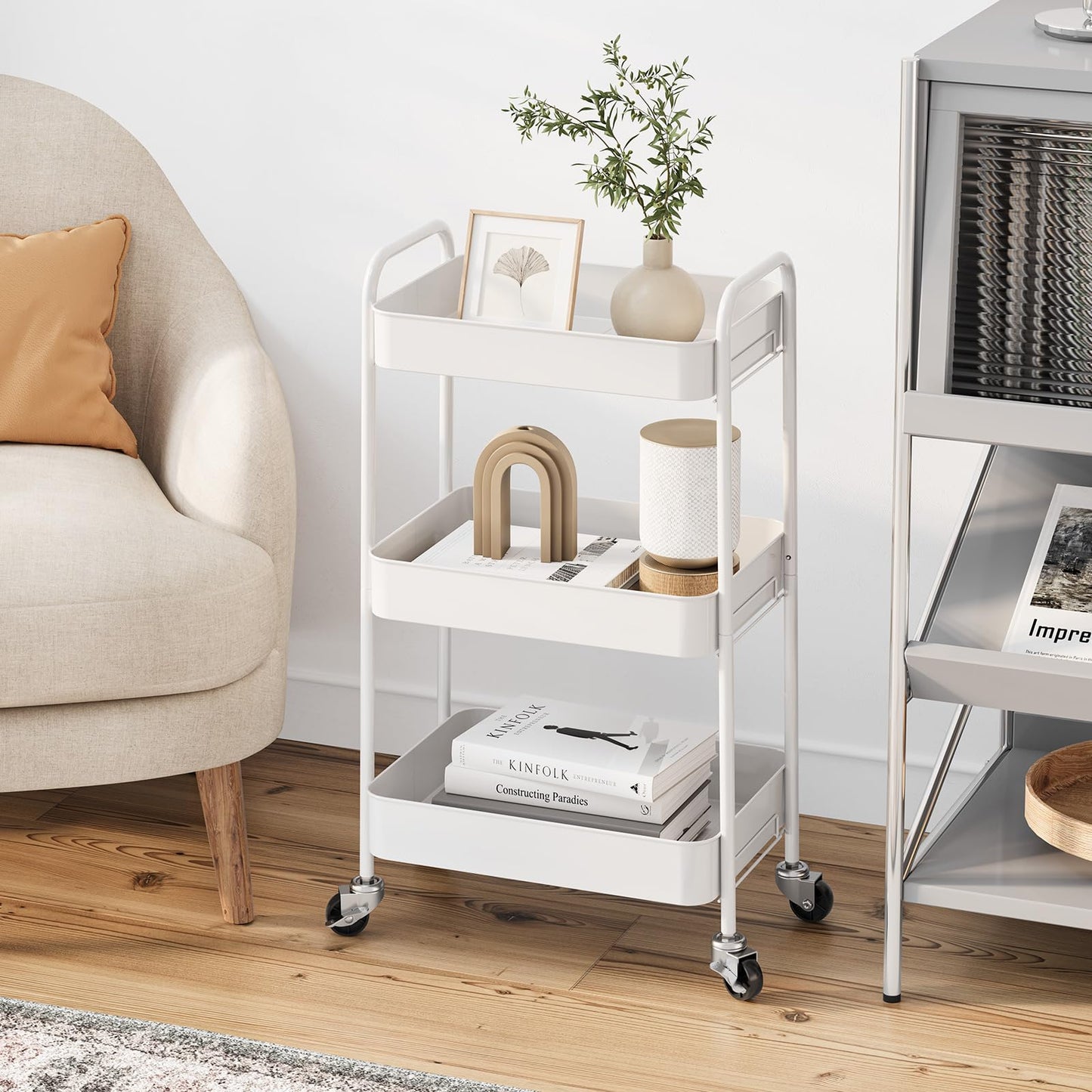 TOOLF 3-Tier Rolling Cart - Metal Utility Storage Organizer with Lockable Wheels, 33 lbs Per Shelf, Tool-Free 5-Min Assembly, for Kitchen Bathroom Office Nursery Craft Room, White