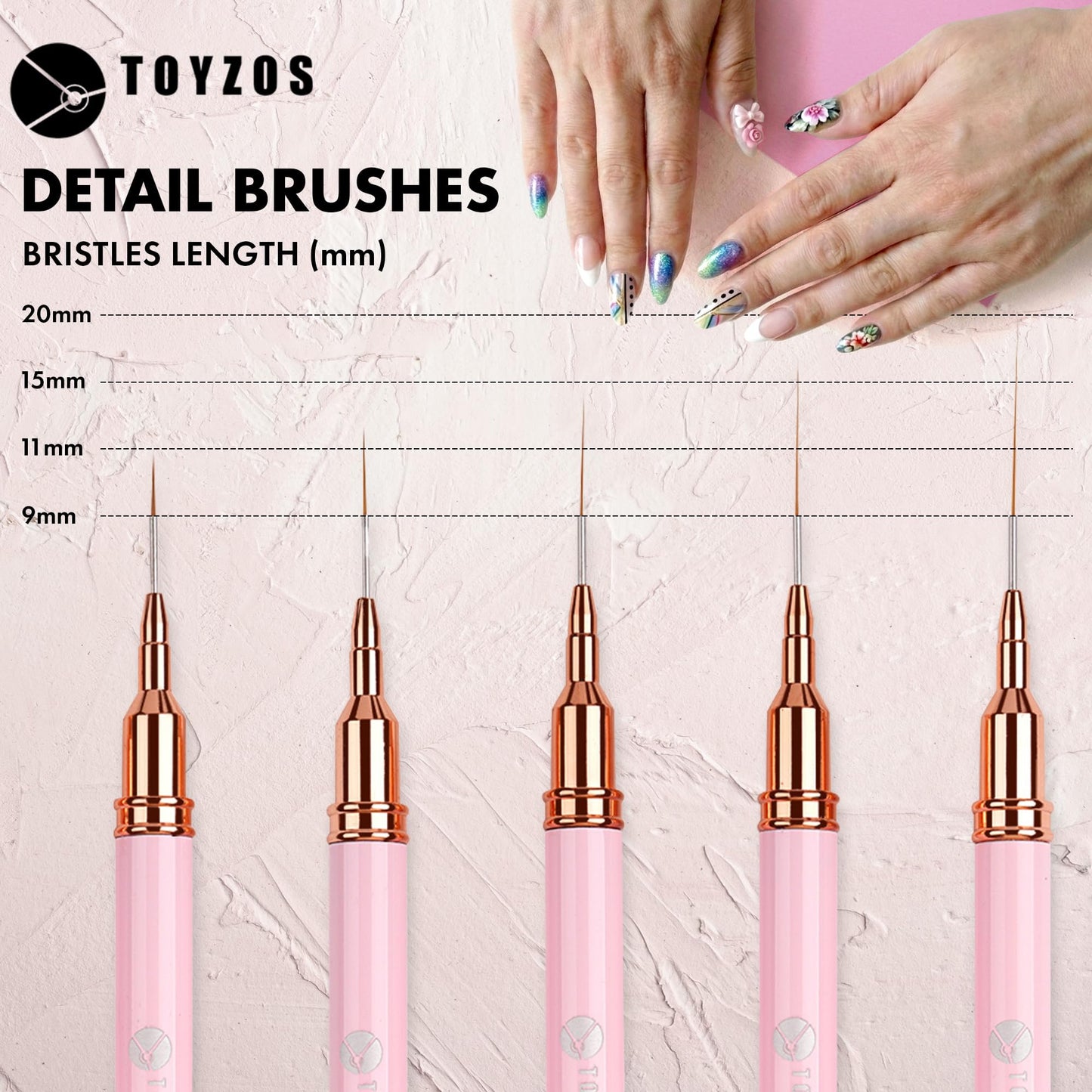 TOYZOS Thin Nail Art Brush Set - Professional Detailing Liner Brushes with Rose Gold Accents for Intricate Nail Art Designs, Pink Handles, Precision Tips & Long-Lasting Bristles (5 Different Sizes)