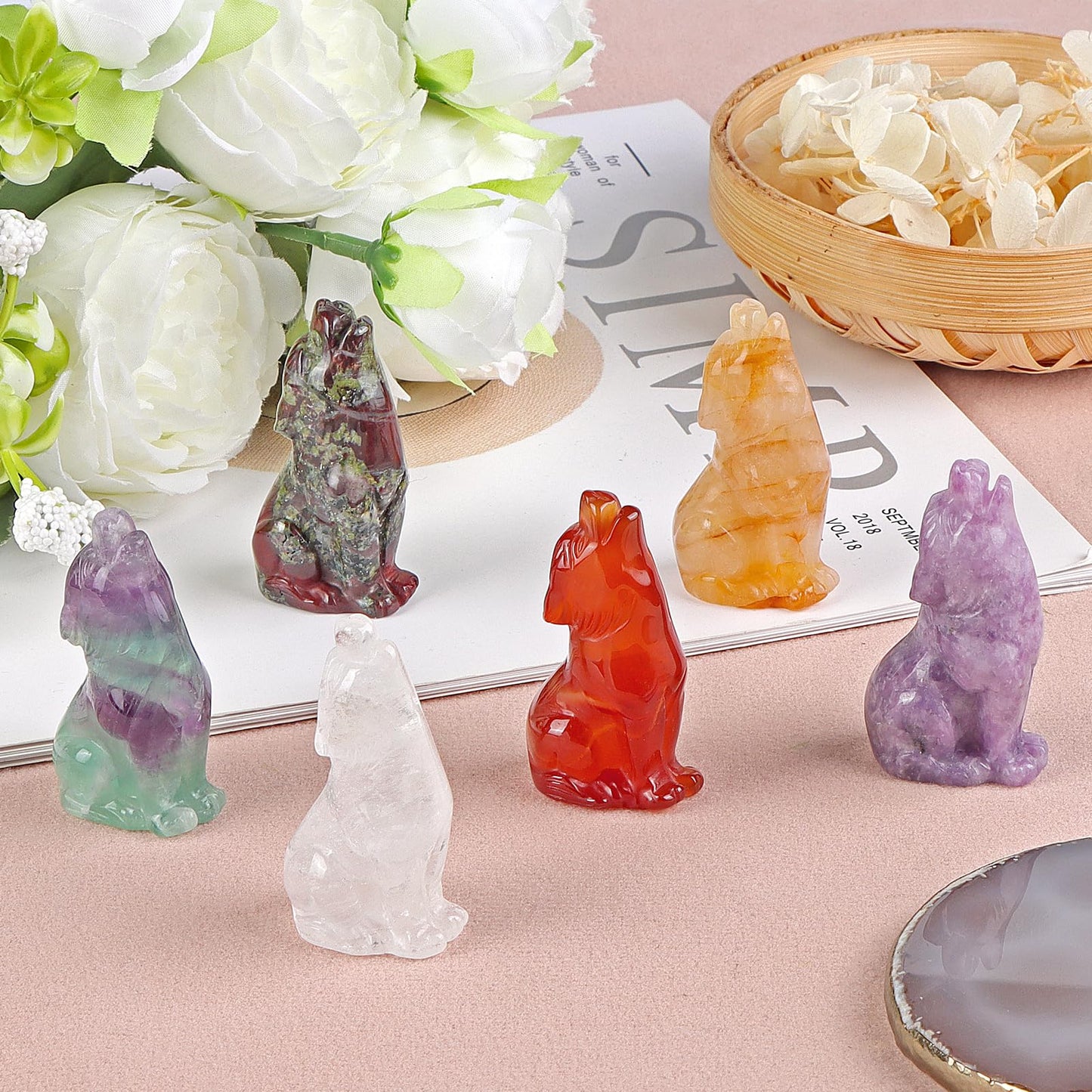 Artistone Yellow Tiger Eye Wolf Statue 2" Howling Wolves Figurine Ornament for Home Decor Healing Crystal Animal Sculpture with Gift Box