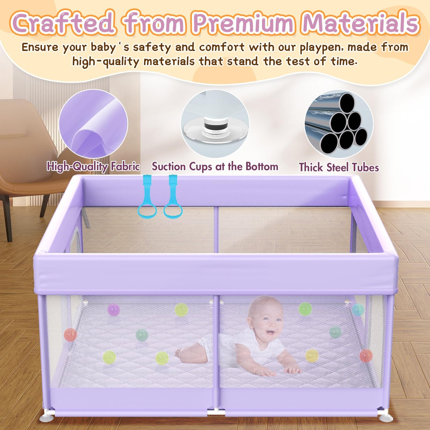 Baby Playpen with Mat 64"x64" - Playpen for Babies and Toddlers with Mat for Apartment - Play Yard with mat Included - Soft Breathable Mesh - All-Wrapped Sponge Play Pen with Handle & Bag (Purple)