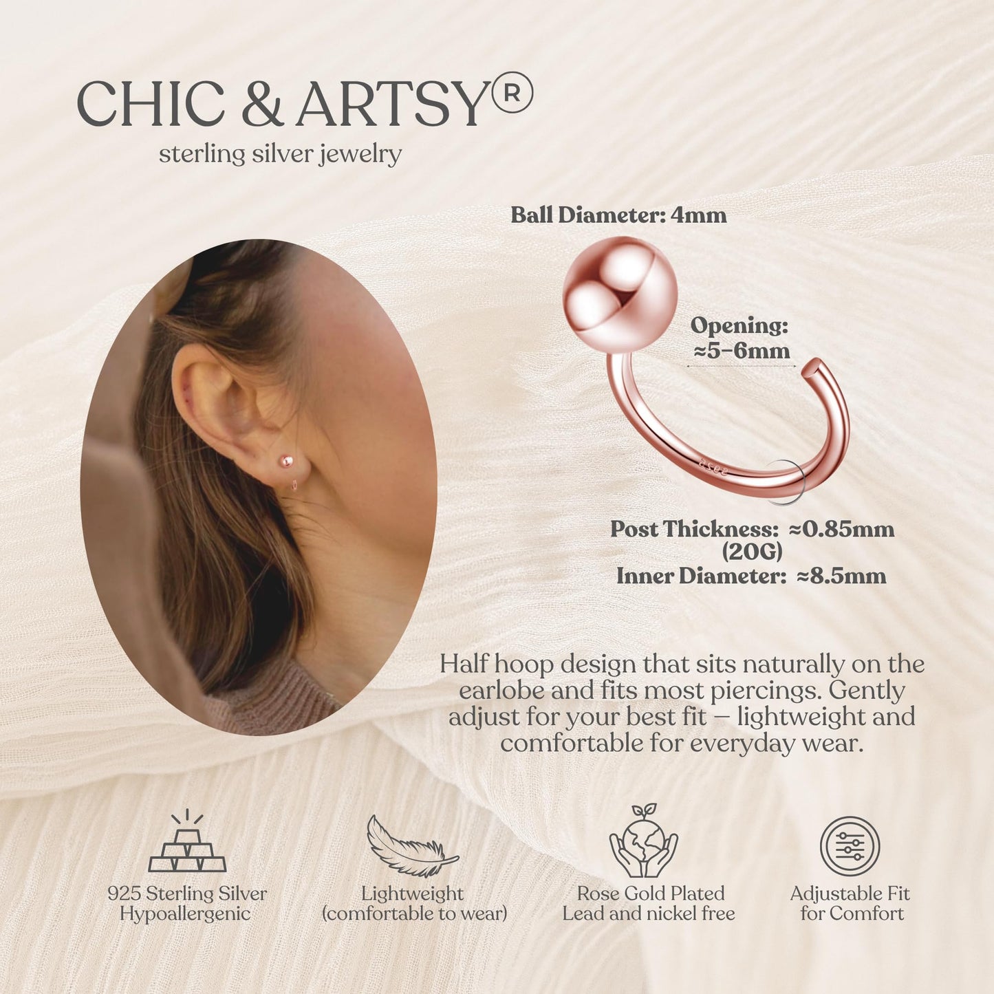 Half Hoop Earrings 18K Rose Gold Plated 925 Sterling Silver Ball Huggies Hoop Earrings for Women Little Ball huggie hoops Open Hug Hoop Earrings