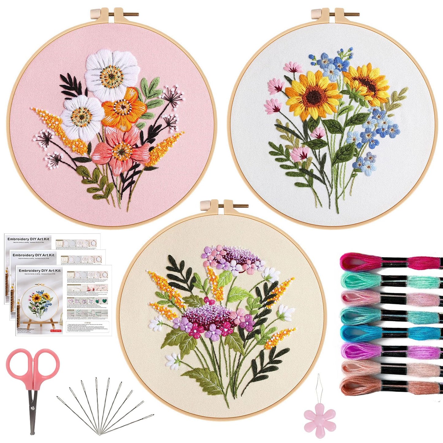 Offizon 3 PCS Embroidery Kit for Beginners - Cross Stitch DIY Craft Set, Flower Embroidery Accessories & Hoop Included, Hand Embroidery Kit for Adults Stitching Sewing Kit Gift | FlowerB Patterns