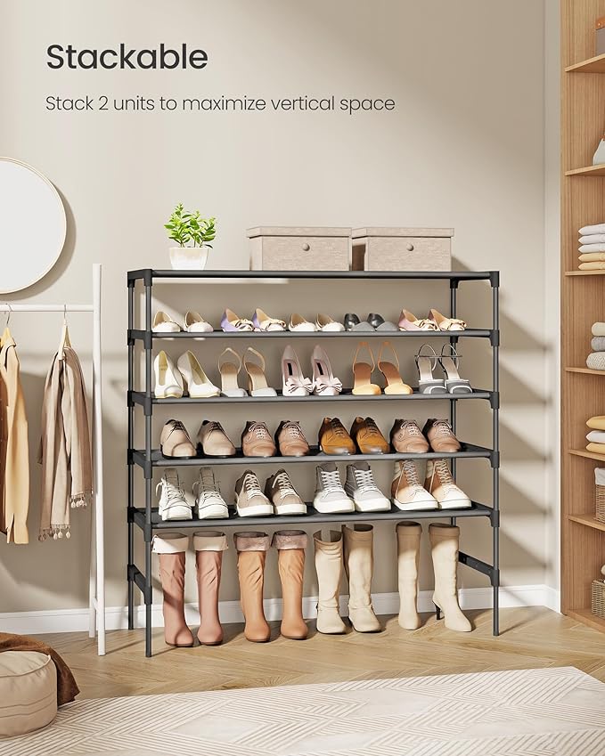 SONGMICS Shoe Rack, 3-Tier Shoe Storage Organizer, Space-Saving, 11.6 x 36.1 x 21 Inches, Entryway, Metal Frame, Non-Woven Fabric Shelves, Ink Black ULSH033BH01S