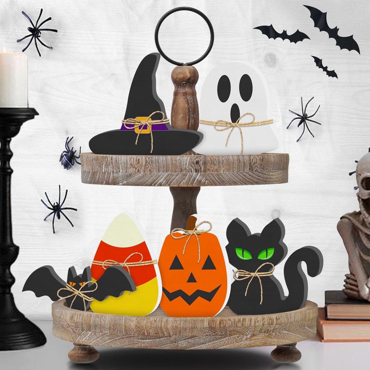 6PCS Halloween Wooden Decor - Halloween Decorations Wooden Signs Include Pumpkin Ghost Bat Black Cat Witch Hat Candy Corn Freestanding Table Signs Tiered Tray Decor for Rustic Farmhouse Home Mantle