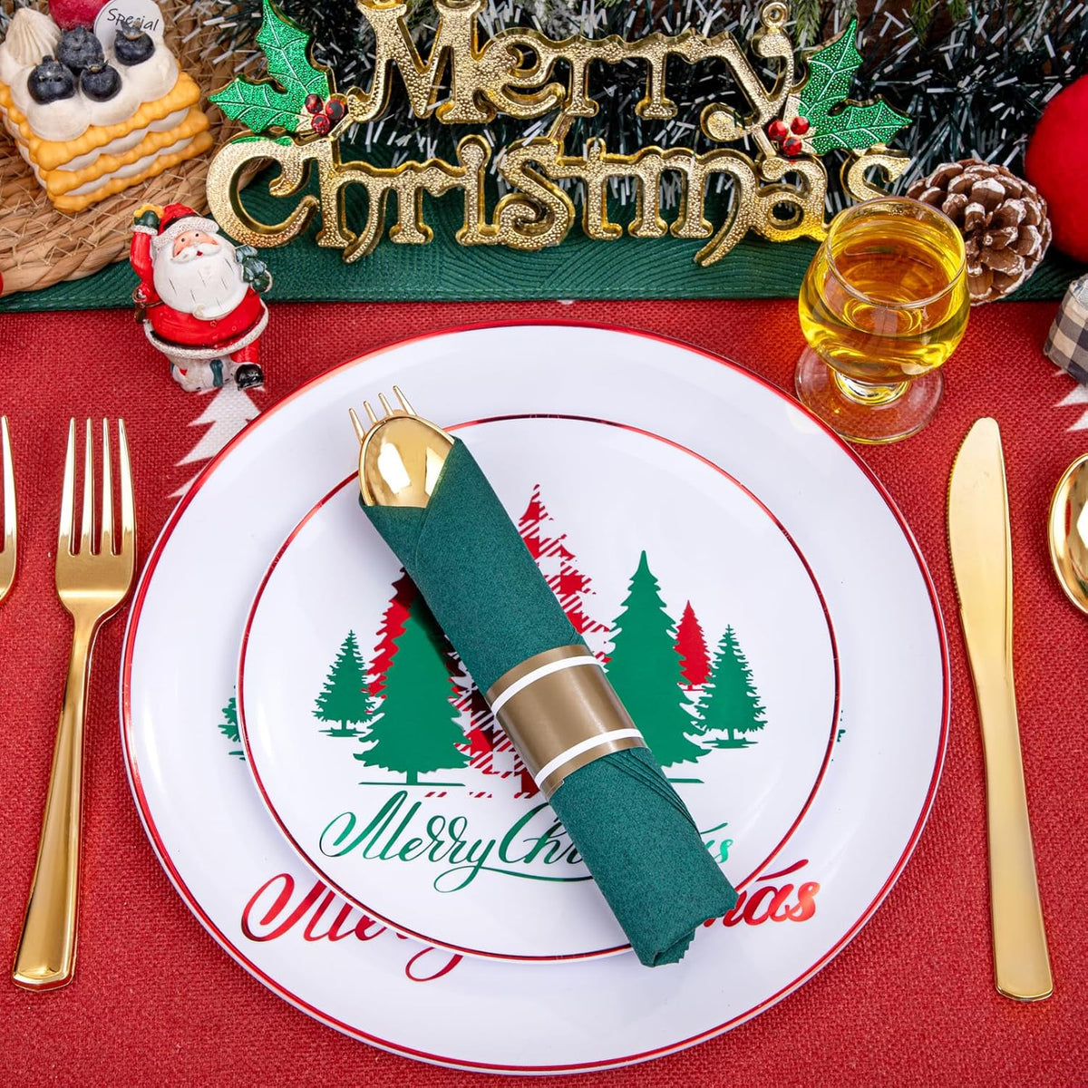 Supernal Gold Plastic Silverware with Green Napkins,Gold Silverware Disposable,Wrapped Plastic Cutlery Set with Napkin,Pre Rolled Silverware Set Disposable,Christmas Cutlery Suitable for 30 Guests