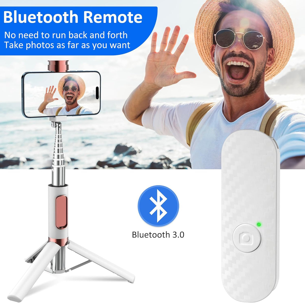 Aluminum Alloy Selfie Stick Tripod with Remote, Foldable Travel Tripod Stand 270 Rotation Compatible with iPhone/Android/Go Pro Camera