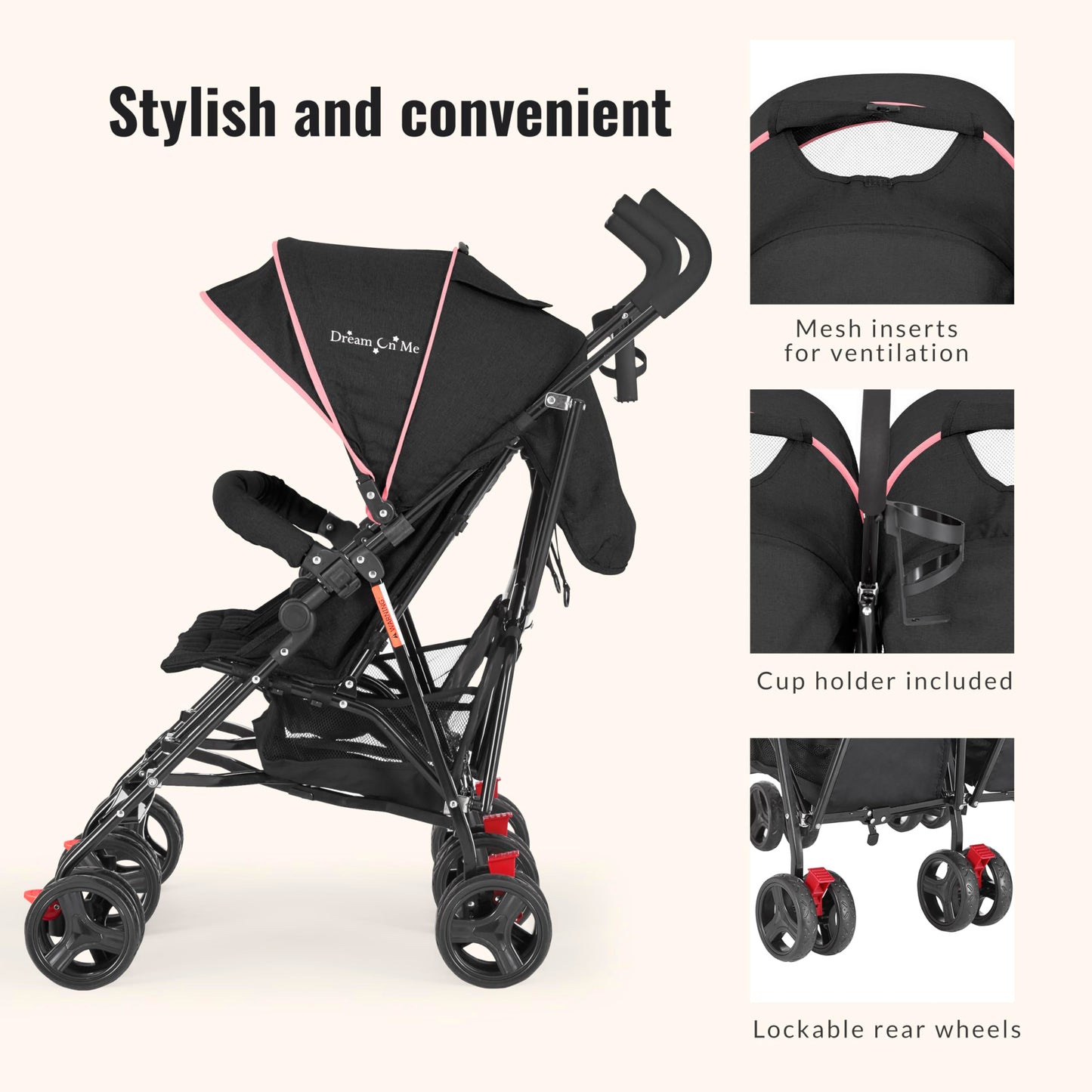 Dream On Me Volgo Twin Baby Stroller, Lightweight Side-by-Side Double Umbrella Stroller with Adjustable Canopy, 5-Point Harness, Storage Basket & Travel-Friendly Fold – Pink
