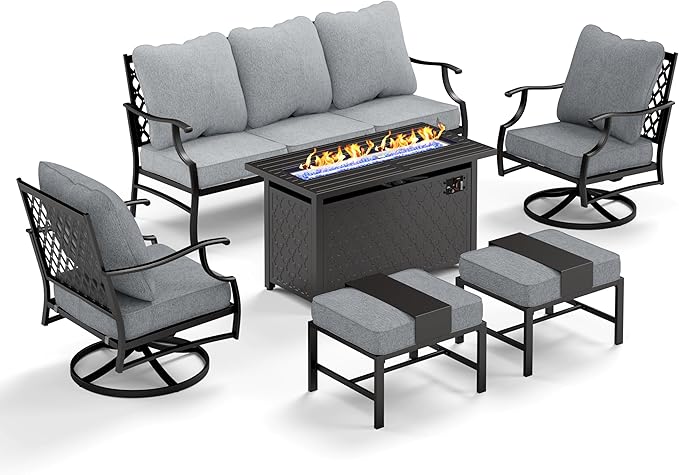 Patio Furniture Set, 6 Pcs Metal Outdoor Conversation Set, 2 Swivel Chairs, 2 Ottomans and 3 Seater Sofa with 5.75" Extra Thick Cushion and Gas Fire Pit Table, Grey