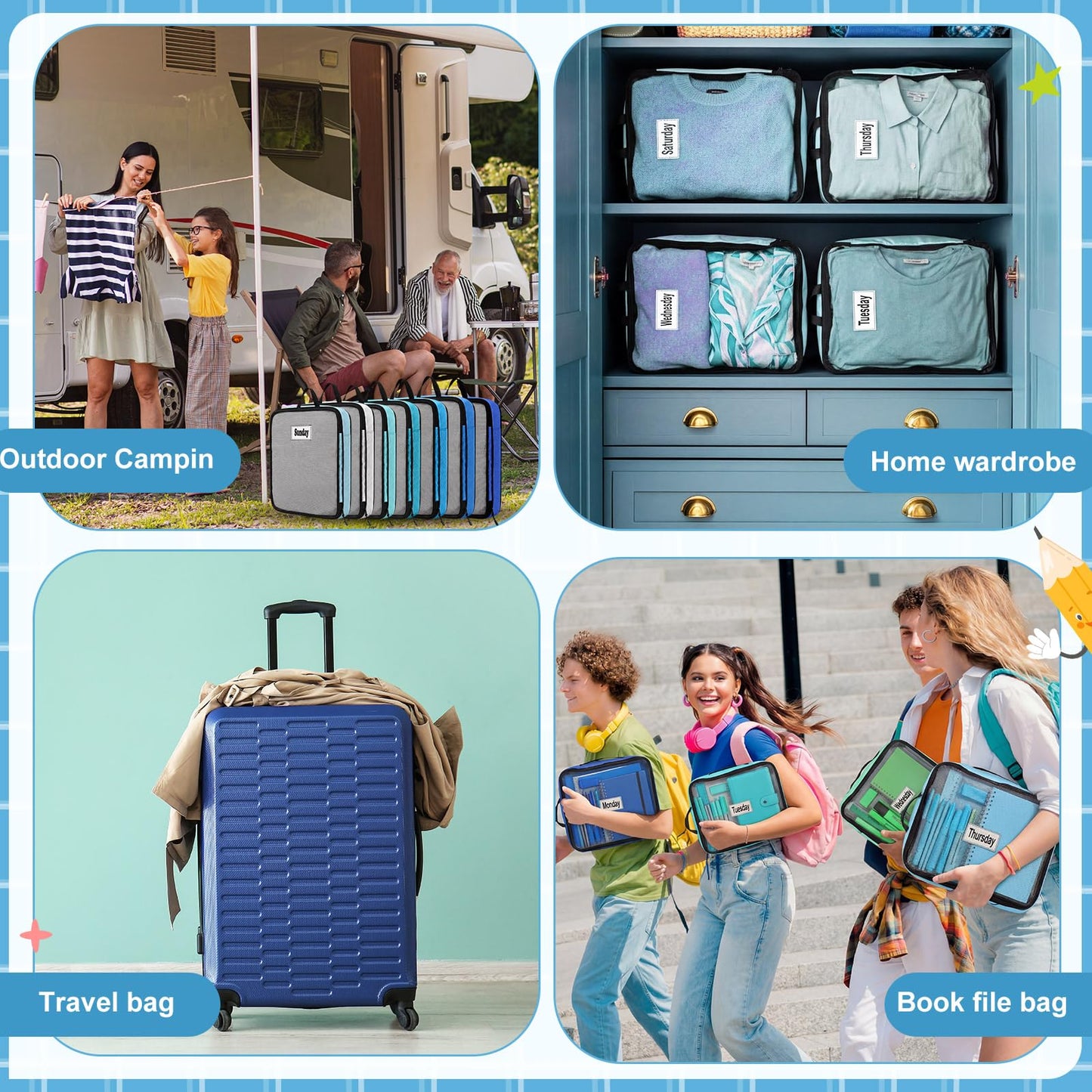 Bulyoou 7 Pcs Packing Cubes for Travel Days of Week Compression Packing Cube with Labels Organizers Luggage Storage Bag(Blue,Large)
