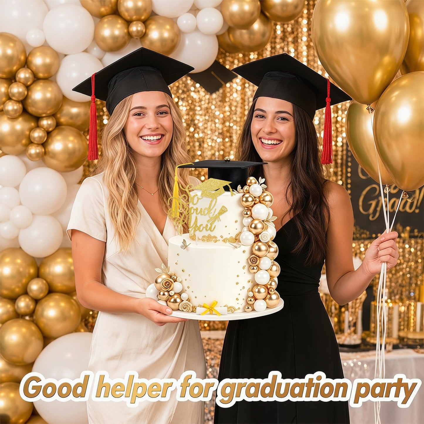 43 Pcs Graduation Cake Kit Included Felt Grad Cap with Tassel Grad Cake Topper Graduations Party Supplies So Proud of You Cupcake Topper for Congrats Senior High School College Party Decor(Gold White)