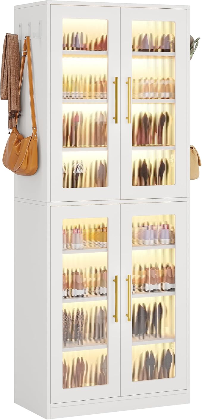 Tribesigns Tall Shoe Storage Cabinet with Acrylic Doors and LED Lights, 8-Tier Entryway Shoe Organizer Rack with Adjustable Shelves and Hanging Hooks for Narrow Closet, Hallway, Living Room, White