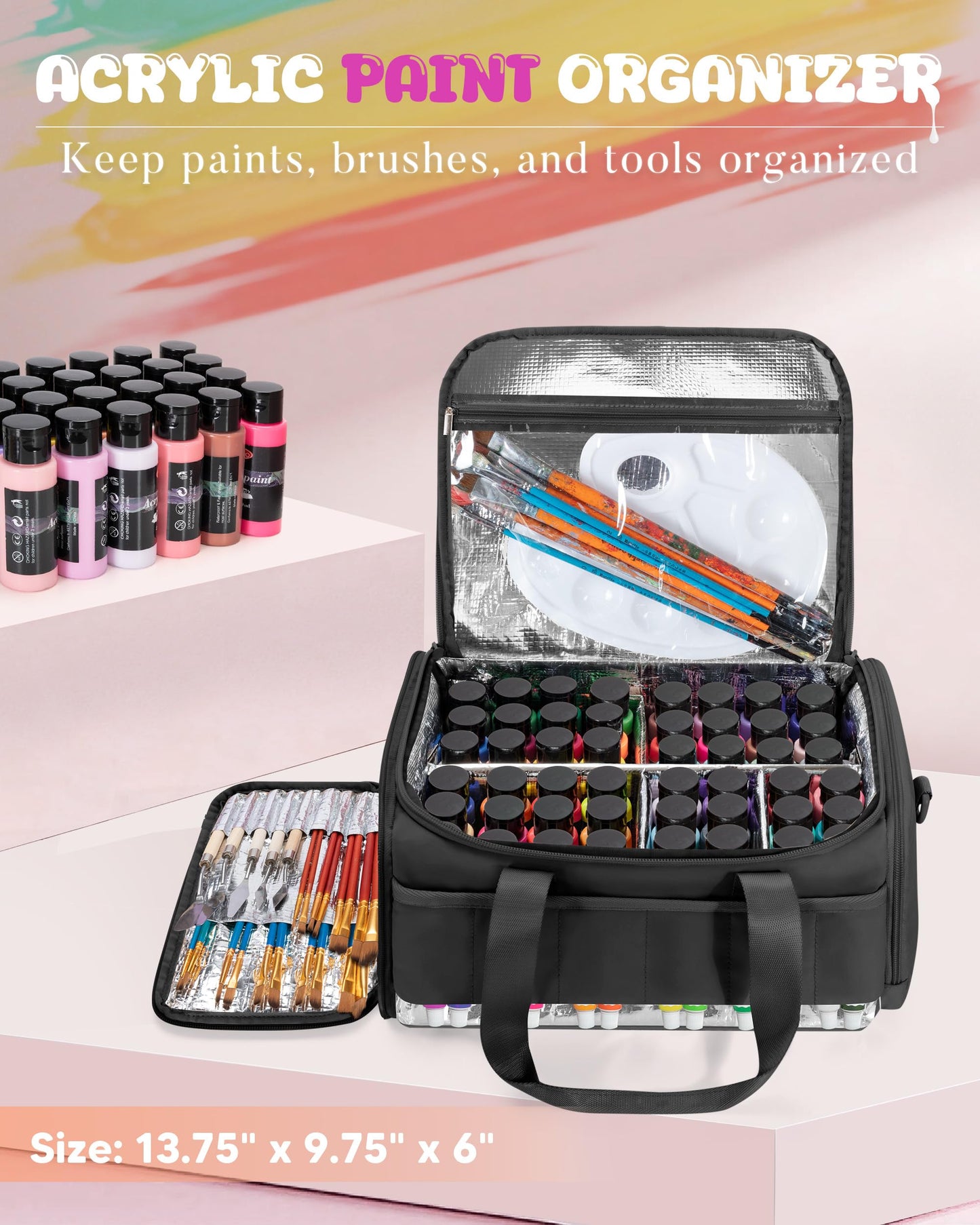 Marscamd Acrylic Paint Organizer Holds 60 Bottles (2 oz), Acrylic Paint Storage Bag with Tools Storage Sections and Crossbody Strap, Black