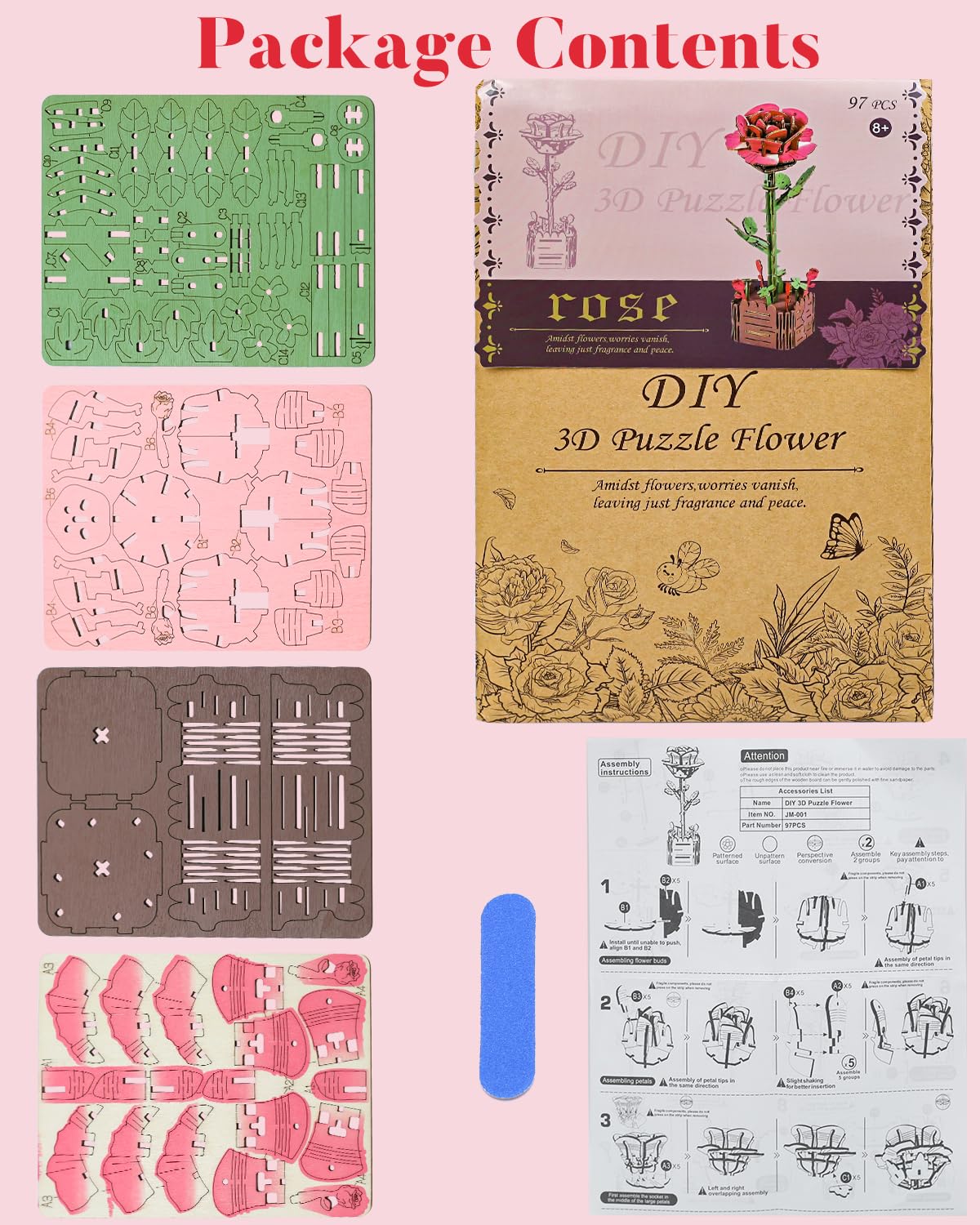 aeloer 3D Wooden Flower Puzzles for Adults - Pink Rose, DIY Model Kit Building Set, Creative Craft for Adults, Unique Botanical Home Office Decor & Relaxing Gift Idea