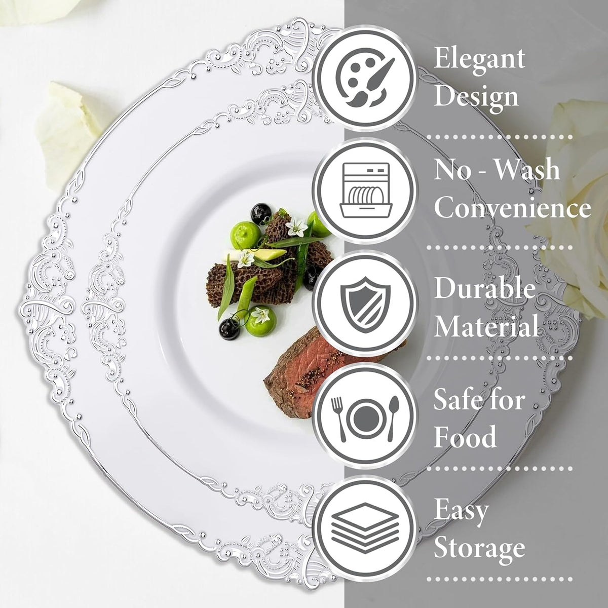 Nervure 175PCS Silver Plastic Plates - White and Silver Disposable Plates for 25 Guests Include 50Plates, 25Cups, 25Forks, 25Knives, 25Spoons, 25Napkins for Wedding & Party