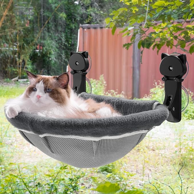 JUNSPOW Cat Window Perch Cordless, Foldable & Stable Cat Beds- Breathable Cat Window Hammock for Overlooking, Sunbathing and Climbing - Maximum Hold Up to 40lb(Cream)