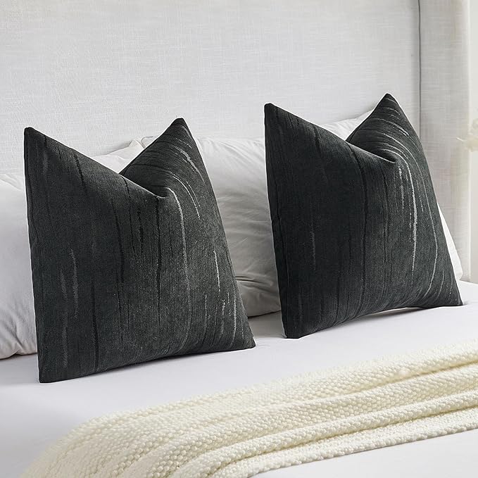 FUTEI Black Chenille Decorative Throw Pillow Covers 12x20 Inch Set of 2,Soft Embossed Striped Textured Lumbar Pillow Cases,Modern Home Decor for Couch Bed Living Room