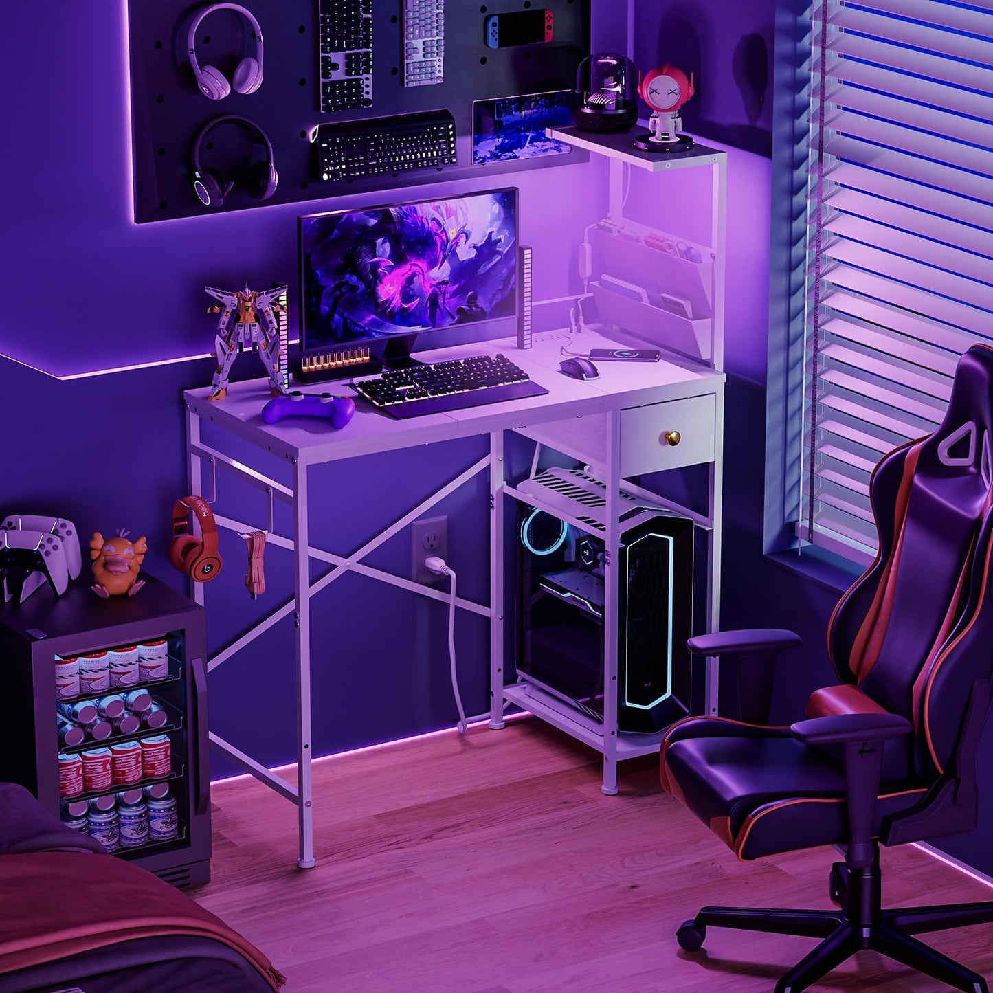 Jakyitvi 33.7" Computer Desk with Power Outlets, LED Lights & Drawer, Small Office Desk with Storage Bag & Hooks, Gaming Desk for Bedrooms or Home Office, Compact Study Desk for Small Spaces,White
