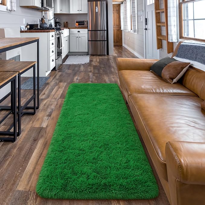Amearea Shag Fluffy Runner Rug for Bedroom Girls Living Room, 2x6 Feet Extra Soft and Fuzzy Shaggy Rugs, Non Slip, Indoor Floor Long Carpet Mat for Boys Nursery Home Decor, Green