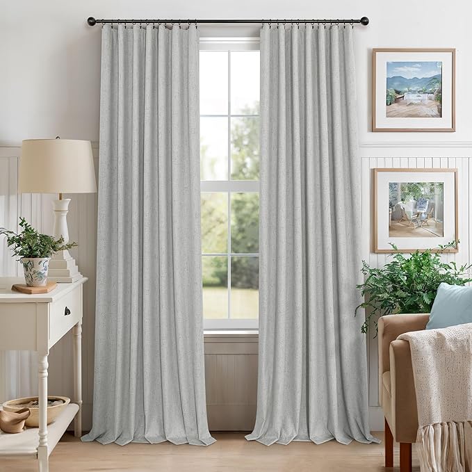 102 Inch Long Curtains Blackout Linen Cotton Textured Black Out Curtains Energy Saving Curtain for Kids Bedroom Living Room Farmhouse Boho Rustic Drapes 102 Length 2 Panel Sets Light Grey Pale Gray