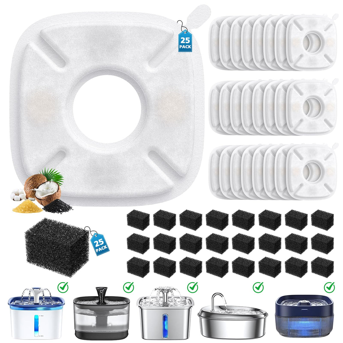 50 Pcs Cat Water Fountain Filters for Veken 95oz 67oz 135oz Pet Fountain