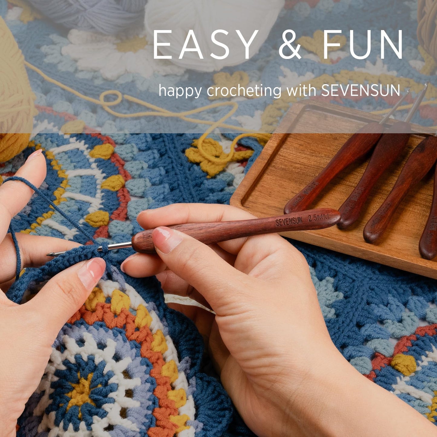 SEVENSUN Mimosa Crochet Hooks Set 5 Pack of 2.5mm 3.5mm 4.5mm 5.5mm 6.5mm Crochet Hook, Hand Polished Ergonomic Crochet Hooks, Stainless Steel Crochet Hook, Wood Handle