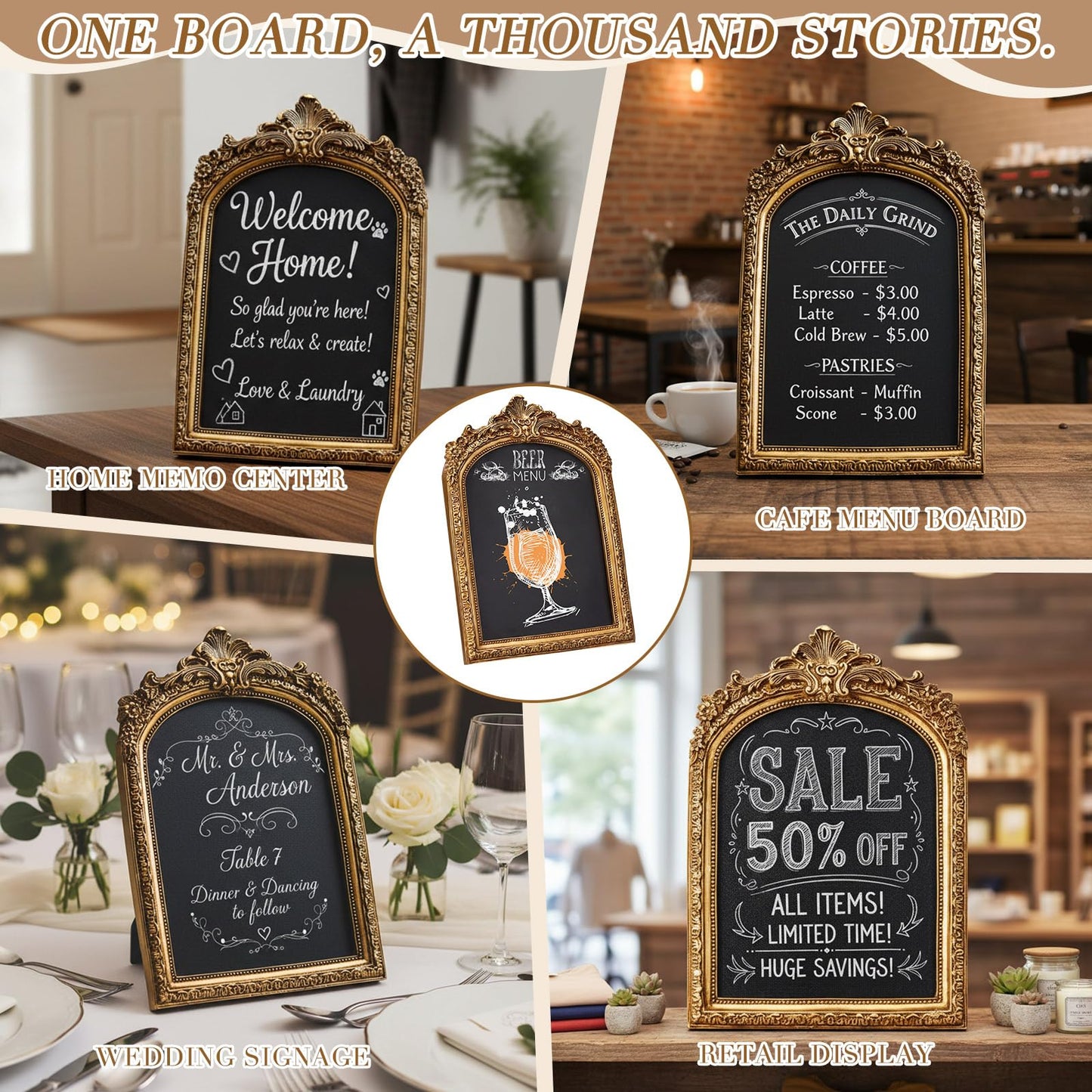Jaloro 1 Pack Framed Tabletop Chalkboard Sign, Rustic Frame, Hanging Chalkboard, Menu Board for Cafes Restaurant Wedding Countertop with 2 Erasable Pen and 1 Cloth (7 x 10 in,Arch)
