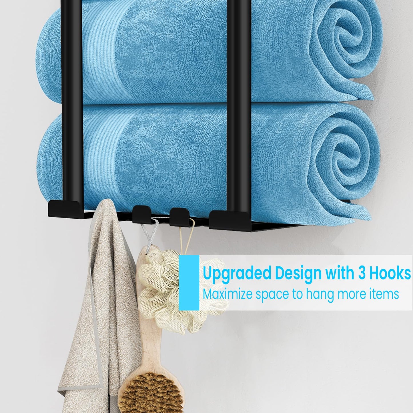 STWWO Bathroom Towel Storage Rack, Metal Towel Racks Wall Mounted Can Holds 5 Large Towels, 30.5IN Bathroom Towel Holder with Shelf & Storage Basket, Towel Organizer with 3 Hooks for RV, Apt, Black