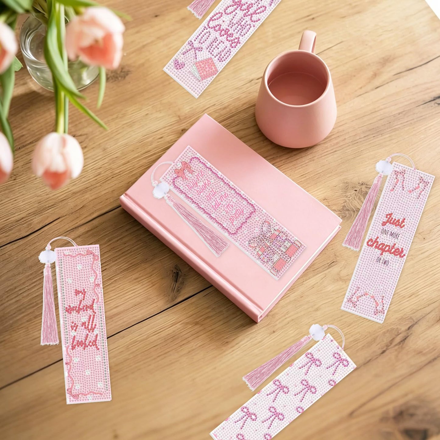 8 Pieces Christian Bible Verse Diamond Art Bookmarks 5d Christian Beaded Bookmark Acrylic Tassel Bookmark for DIY Making Beginners Kids Adults Arts Craft Supplies (Pink Bow-1)