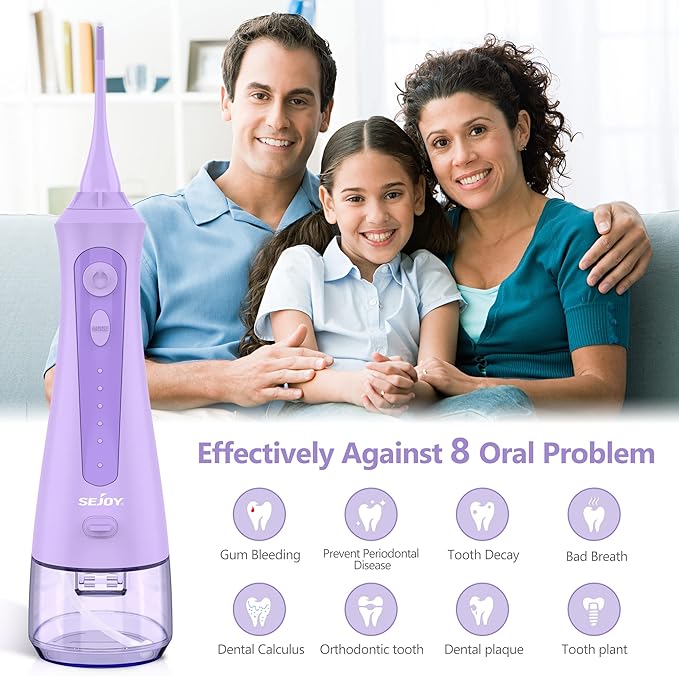 Sejoy Water Flossers for Teeth Cleaning, Water Flosser for Teeth Rechargeable Cordless, Electric Portable, 5 Cleaning Modes 8 Jet Tips, IPX7 Waterproof, 230ml, for Travel and Home
