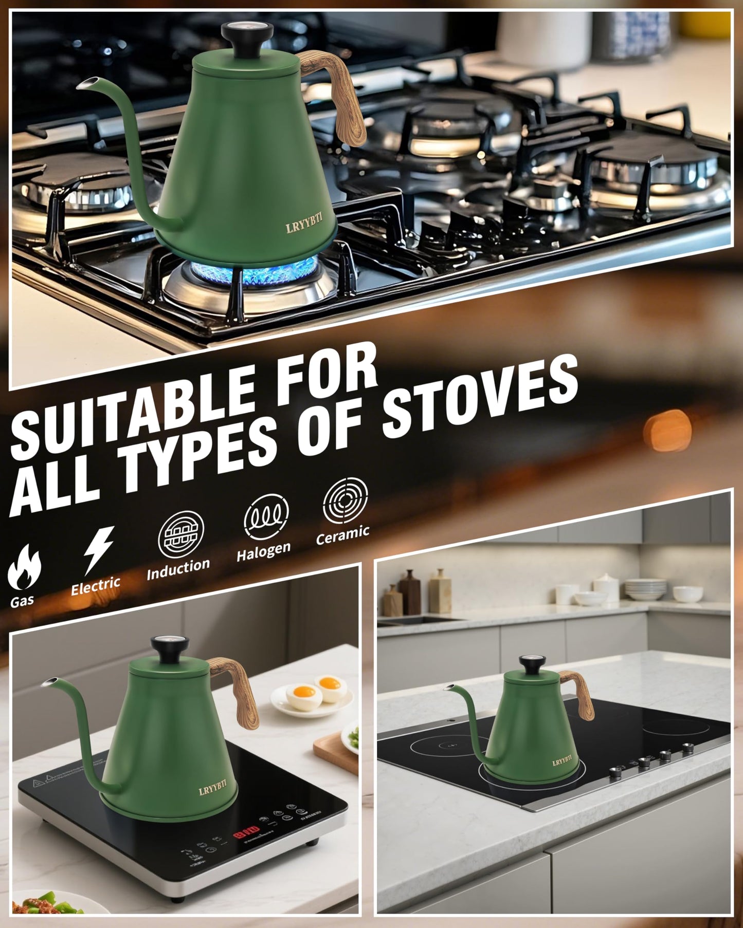 LRYYBTI Gooseneck Kettle Stovetop with Thermometer for Durable 3-Layer Base,Pour Over Kettle Stainless Steel Tea Kettle Compatible with all Stove Tops (Green, 37 fl oz)
