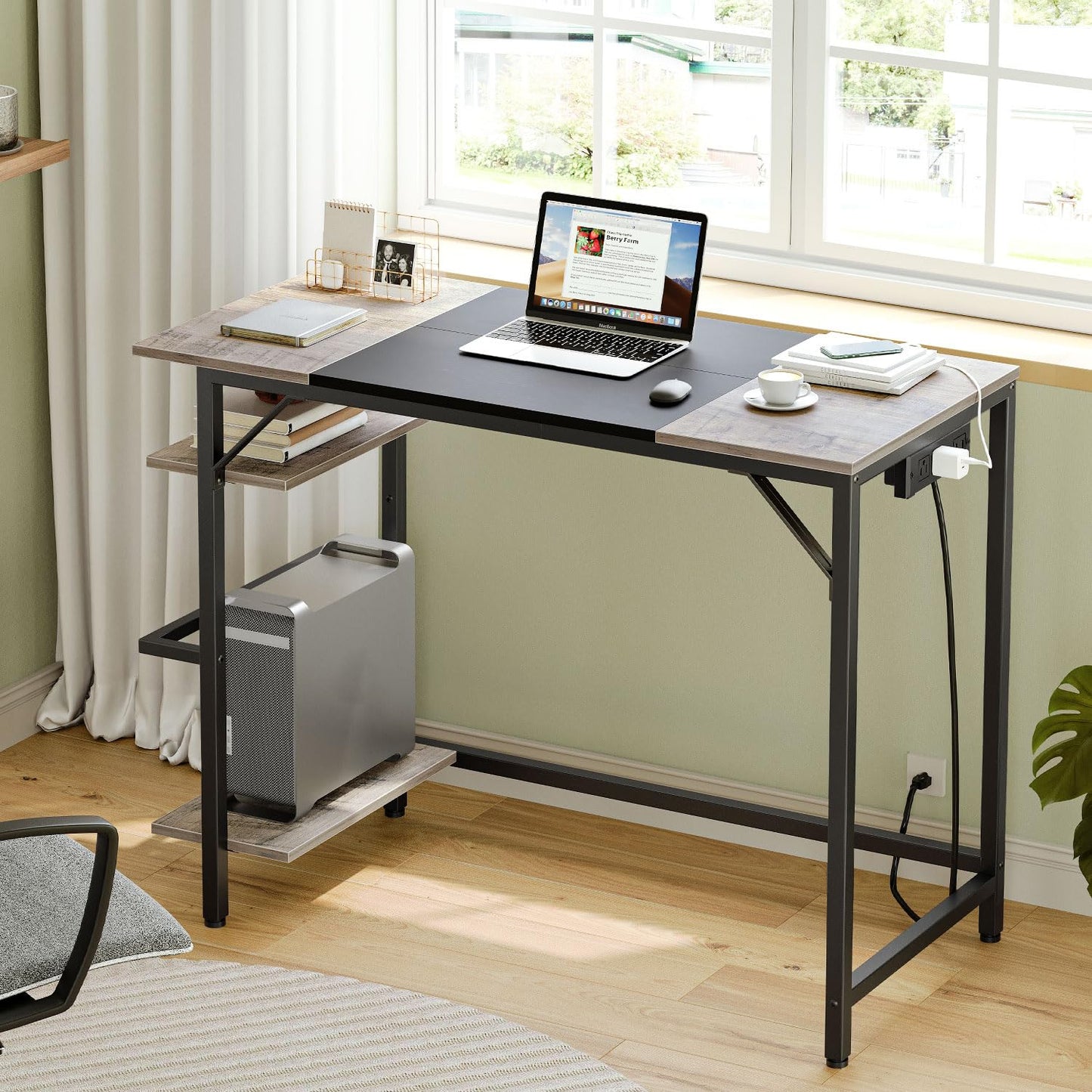 HOOBRO Computer Desk, Home Office Desk with Power Outlet, Writing Desk with 2 Shelves, Modern Small Desk for Home Office, Study, Easy to Assemble, Charcoal Gray and Black BG43UDN01