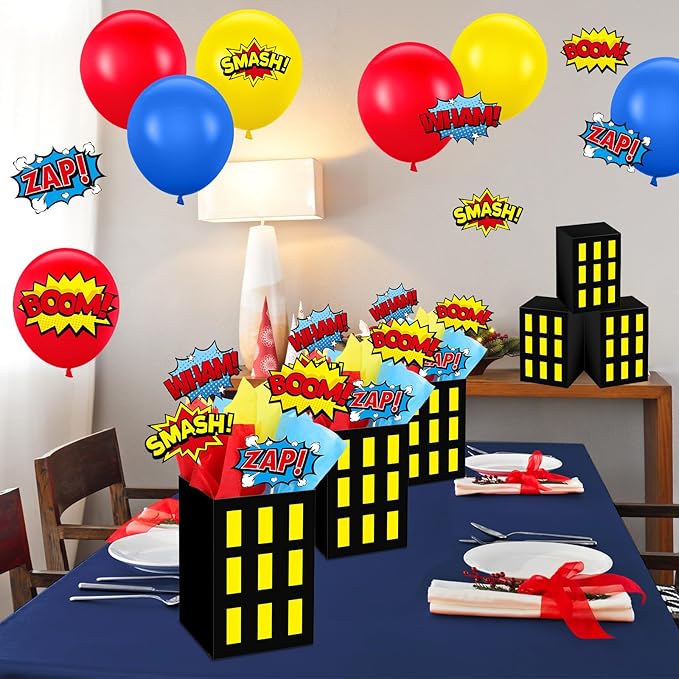 8 Sets Hero Theme Party Decoration Hero Boxes Centerpiece (7.9 x 5.1 x 5.1 Inch) Sticks with Tissue Paper Standing Cards Birthday Baby Shower Party Supplies (Yellow)