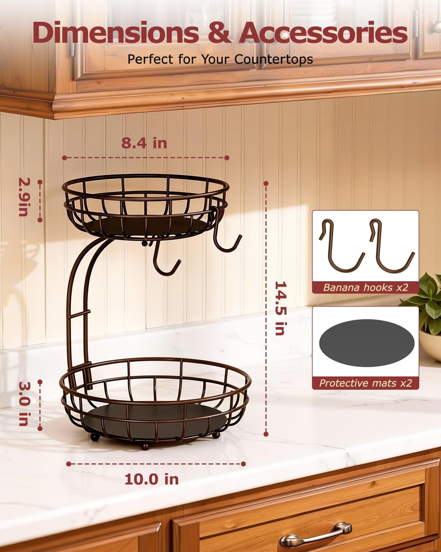 Sevenblue 2 Tier Large Fruit Basket for Kitchen Counter with Removable Banana Hanger - Sturdy Iron Fruit Bowl for Kitchen Counter and Vegetable Holder, Fruit Holder for Kitchen Countertop, Brown