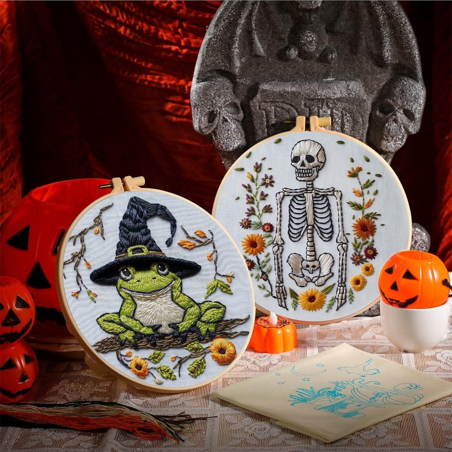 【Beginner Friendly Embroidery】 3 Set Halloween Embroidery Kit, Gothic Embroidery Starter Kit, DIY Stamped Cross Stitch Kits for Adults with Needles and Thread Included