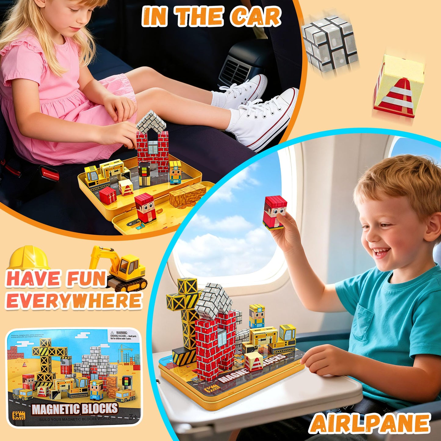 CREAFOMIFE 54 Pcs Mini Magnetic Blocks Travel Toys with Portable Iron Storage Box for Kids 3+, Construction Themed Toddler Magnetic Cubes for Airplane & Car Ride
