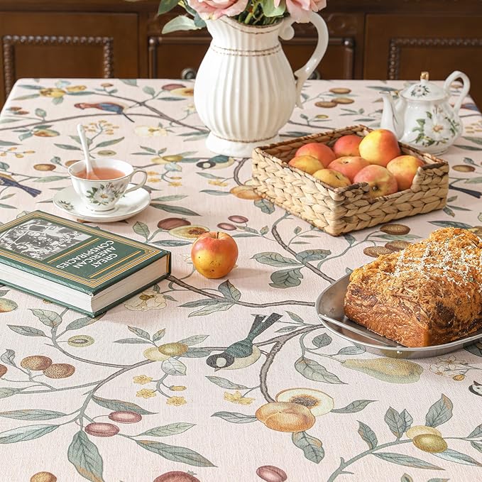 Linen Table Cloth Rectangle,Wrinkle Resistant French Pink Tablecloth Print with Froal,Decor Stitch Table Cloth for Thanksgiving,Dining Room,Home,Kitchen 63" × 102"-Dewey A
