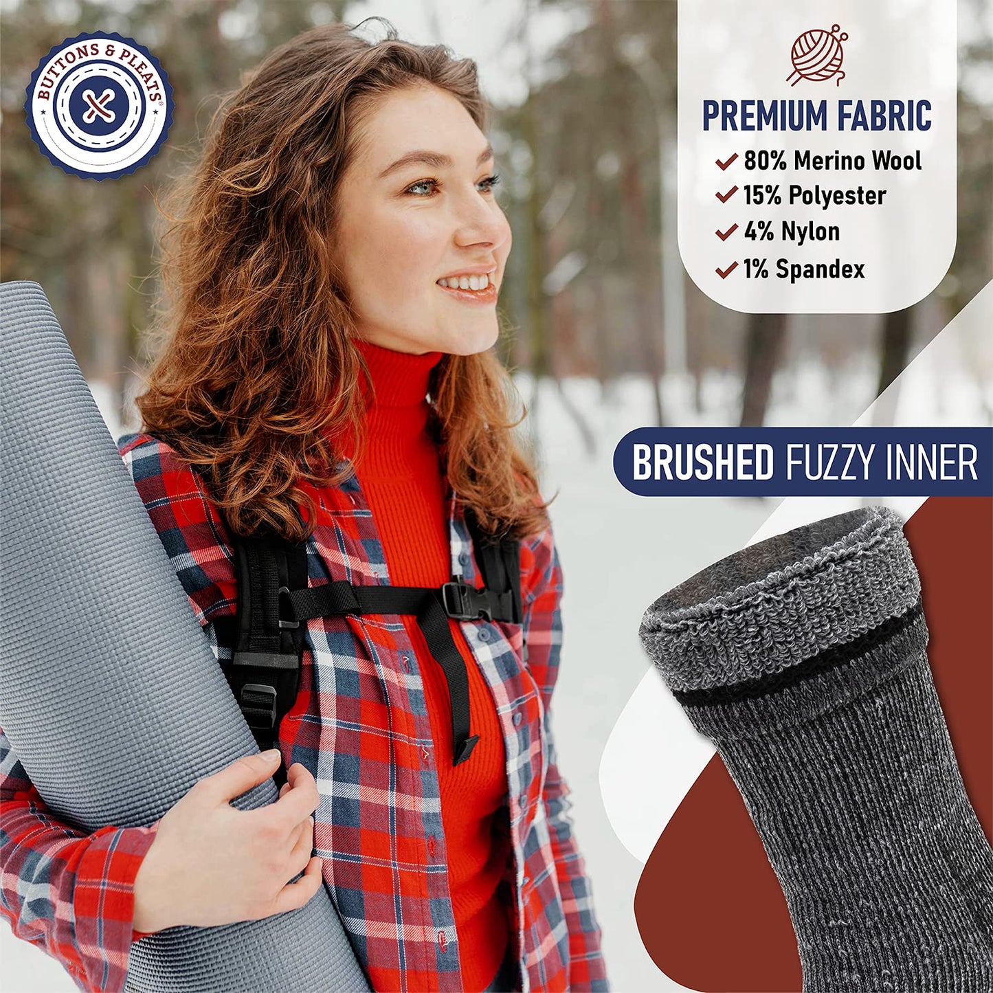 Buttons & Pleats Wool Socks for Men & Women Winter Warm Cozy Thermal Merino Boot Hiking Sock ML