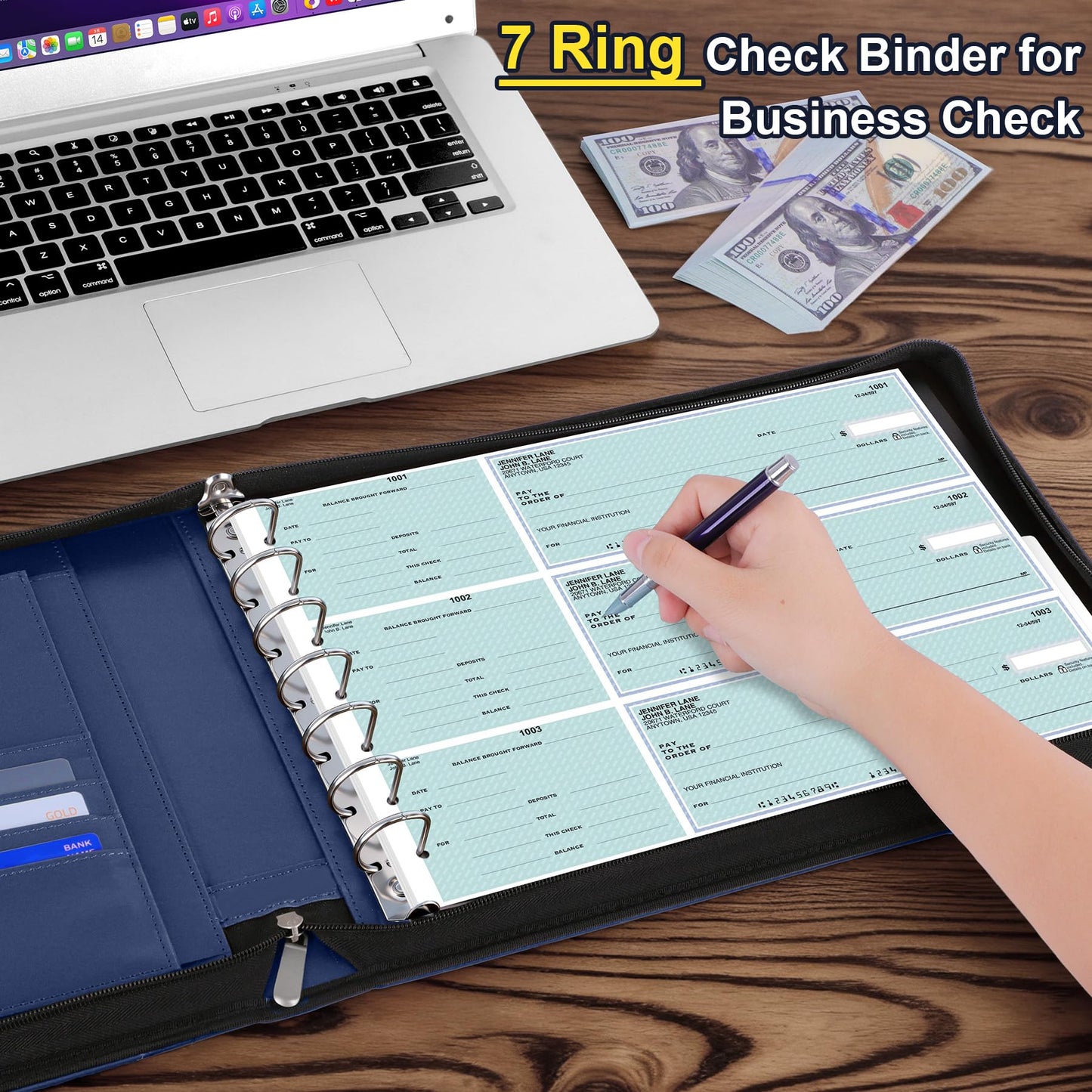 Antner Zippered 7 Ring Business Checkbook Binder Portfolio for 3-on-a-Page Business Checks, 600 Checks Capacity, PU Leather Check Binder Cover with Zipper Pouch & Dividers for 9x13 Sheets, Navy Blue